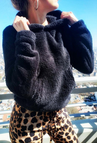 Buzo Crop Teddy Corderito Bifaz Con Capucha Mujer Abrigado