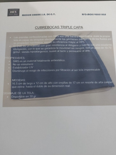 Cubrebocas Triple Capa Cosido Tela Sms 30 Grs  100 Piezas