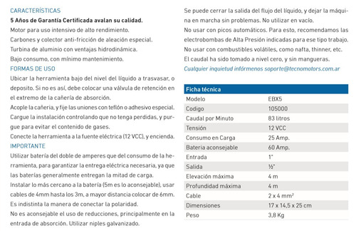 Imagen 2 de 5 de Electrobomba 12v Cc Ebx5 - 83 Litros/min