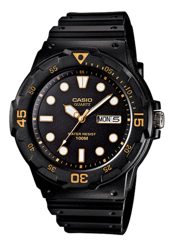 Reloj pulsera Casio Youth MRW-200 de cuerpo color negro, analógico, para hombre, fondo negro, con correa de resina color negro, agujas color blanco y naranja, dial blanco y naranja, minutero/segundero naranja, bisel color negro y hebilla simple