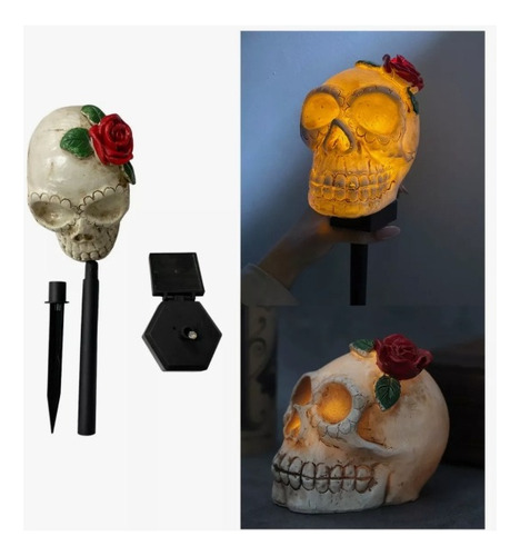 Lámpara Recargable Solar Diseño Halloween Con Estaca Jardin Craneo Con Flor En Cabeza