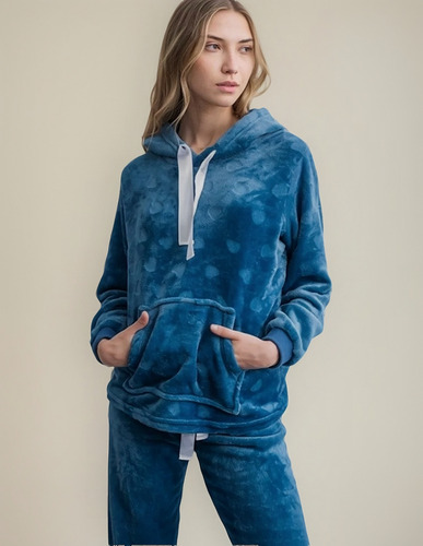 Pijama Supersoft Peluche Con Capucha Dibujo Corazones