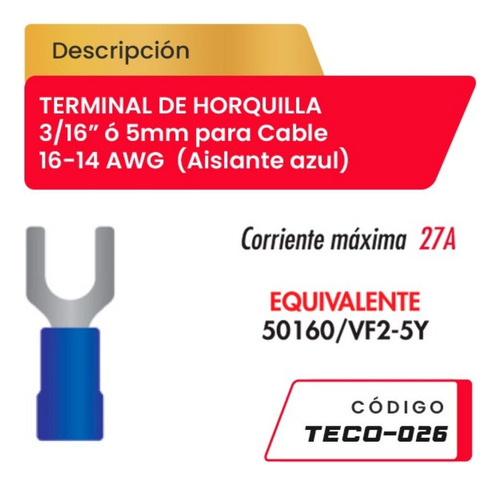 Terminal De Horquilla 3/16  Cable 16-14awg Teco-026 Azul