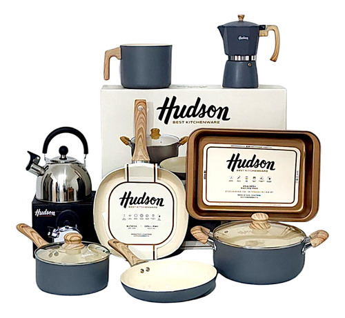 Juego Ollas Hudson Gray Cafetera 9 Posillos Y Pava Silbadora