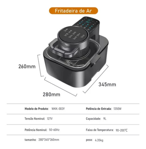 Fritadeira Air Fryer Grande Sem Óleo Ecrã Digital Lcd 8l