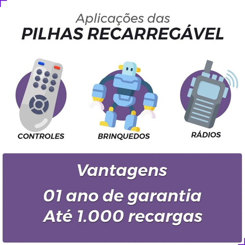 Kit 04 Pilhas Recarregáveis Universal Palito Aaa 1000mah