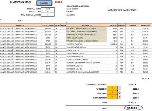 Plantilla Excel Para Hacer Un Cancel De Aluminio Para Baño (Usado)