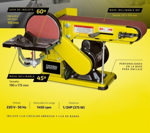 Lijadora de disco Barovo LBC375 amarilla 50Hz 375W 220V