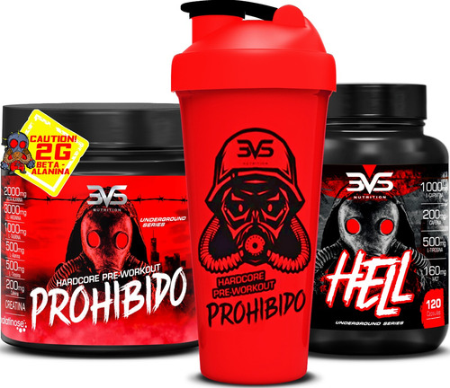 Combo Pré Treino Prohibido 180g Sabor Maçã verde + Termogênico Hell + Coqueteleira 3VS Nutrition