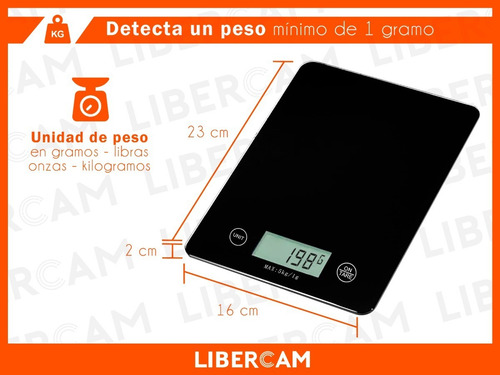Imagen 2 de 7 de Balanza Alimentos Cocina Digital 1gr A 5kg Vidrio Blanco/neg Capacidad máxima 5 kg Color Negro