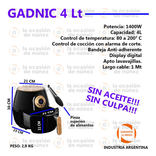 Imagen 2 de 7 de Freidora De Aire Gadnic F4.0 Sin Aceite 4lts Digital 1400w