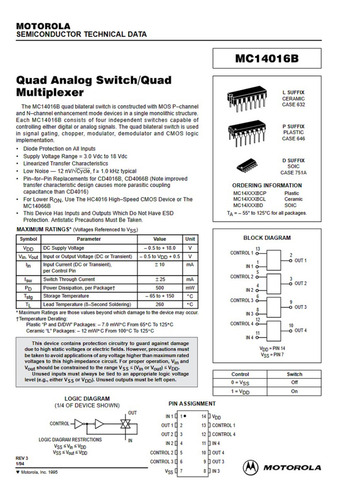 Mc14016b Quad Analog Switch / Quad Multiplexer