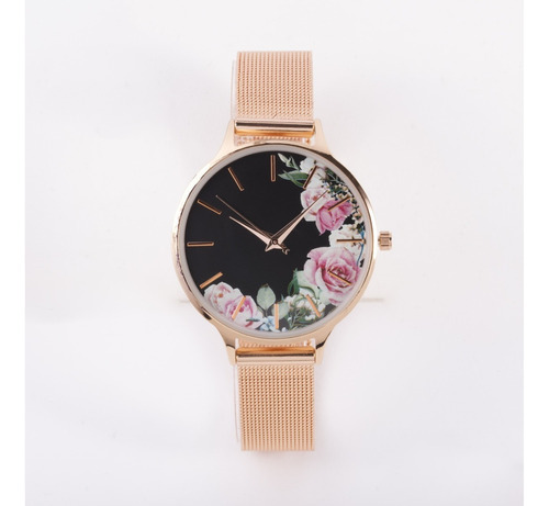 Reloj Para Dama Bizou Rosa Borde Dorado Esfera Floreal Color del fondo Negro