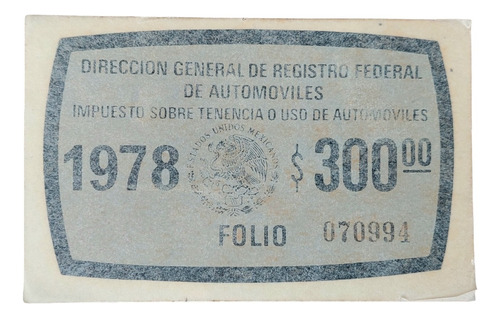 Calcomanía Del Registro Federal De Automóviles De 1978