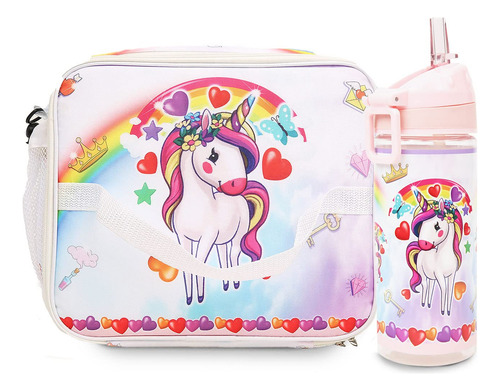 Bolsa De Almuerzo Aislada Con Botella Y Correa Ajustable Unicornio Nombre Del Diseño