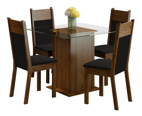 Sala Jantar Anita Madesa Mesa Tampo De Vidro 4 Cadeiras Rp Cor Rustic/Preto/Sintético Preto MDJA0400345ZPT