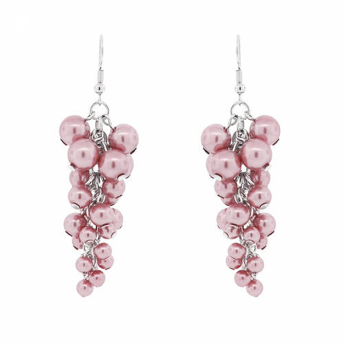 Brinco Prateado Cacho De Bolinhas Rosa