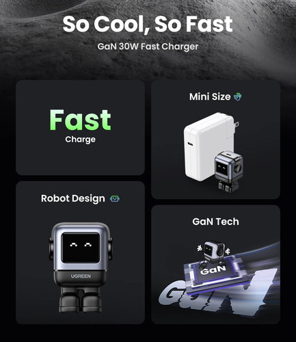 Ugreen Nexode Robot Cargador Rápido Gan De 30w Usb-c Negro