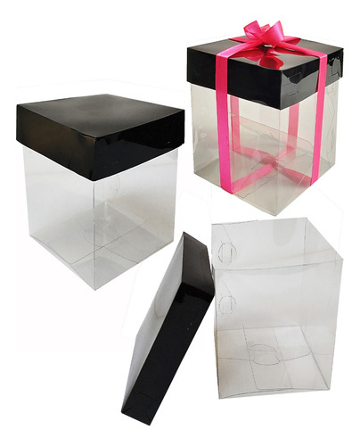 25 Cajas Acetato Base Transparente 10x10x20 Cms Tapa Negra