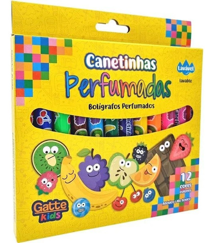 Caneta Hidrocor Canetinha 12 Cores Perfumada Gatte