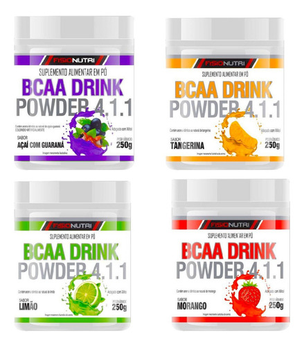 4x Bcaa Drink 4:1:1 Em Pó 250g - Fisionutri Sabor Açaí Com Guaraná