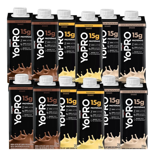 18x Yopro Bebida Láctea Whey Protein Danone 250 Ml Yo Pro Sabor Misto 3 Sabores