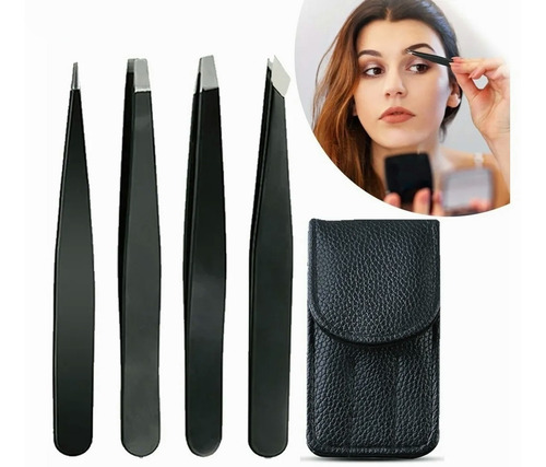 Imagen 2 de 10 de Set 4 Pinzas Cejas Antiestáticas Depilación Acero Inoxidable