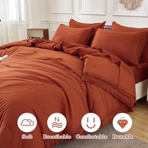 Andency King Size Set Edredon Sabanas Naranja Terracota Burnt Orange Solido