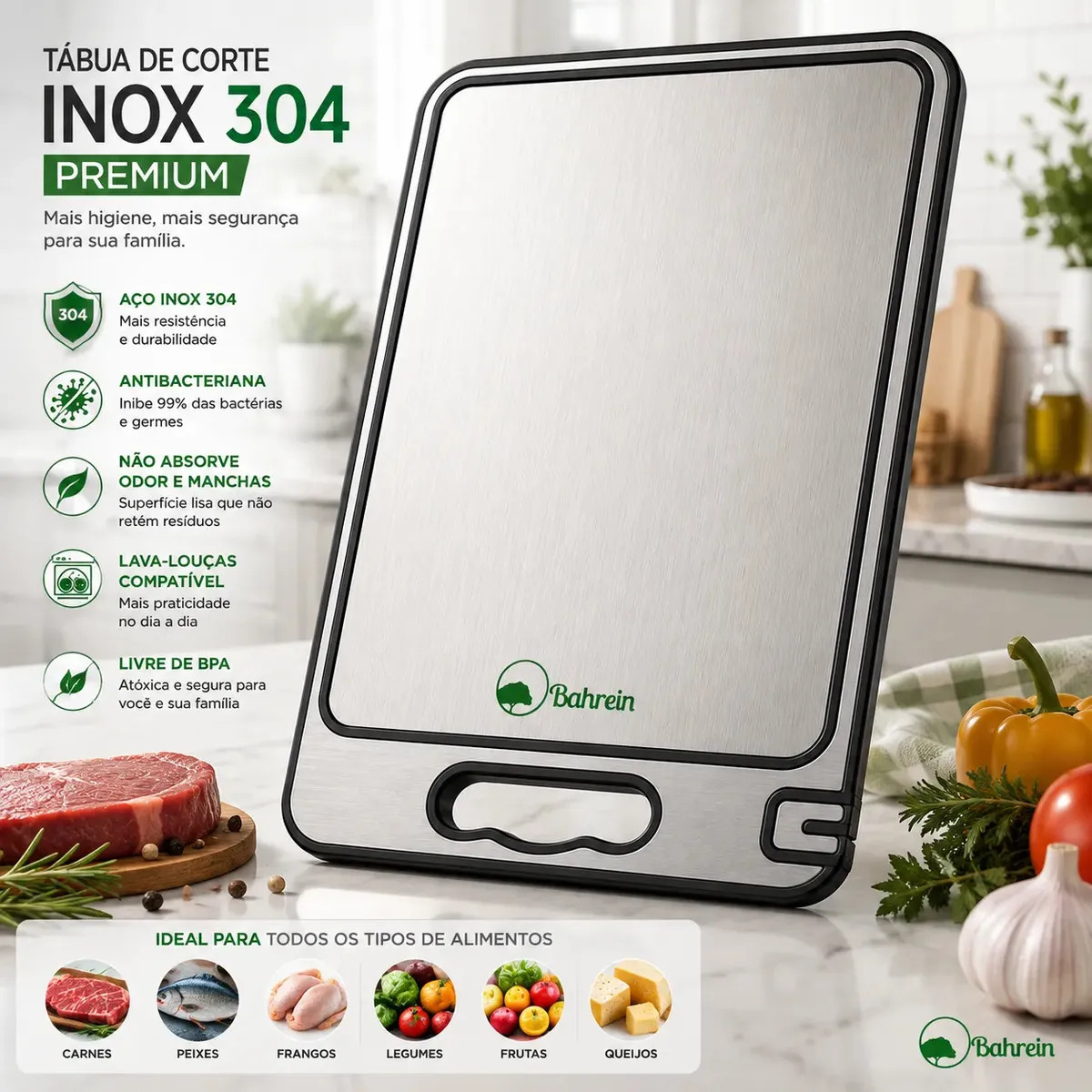 Tabua De Corte Higiênica Antibacteriana Premium Saudável Corte Dupla Face Aço Inox - Tabua De Cozinha Para Carne Legumes Frutas Queijos - Bpa Livre Tabua Inox De Corte Dois Lados M