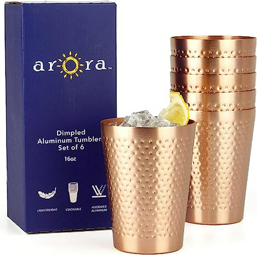 Juego De 6 Vasos De Aluminio Arora, Color Cobre Martillado, 