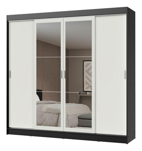 Guarda-roupa Casal Madesa Austin 4 Portas C Espelhos 3 Gav P Cor Preto/Branco