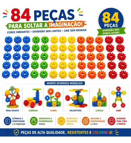 Blocos Montar Pakitoys Plakt 84 Peças Educativo Criativo