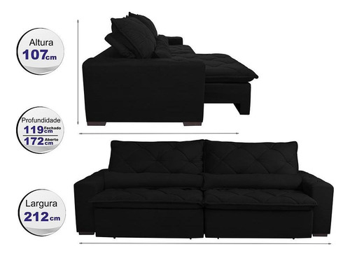 Sofá Lisboa 2,12m Retrátil, Reclinável com Molas no Assento Tecido Suede Velusoft Preto - Cama InBox