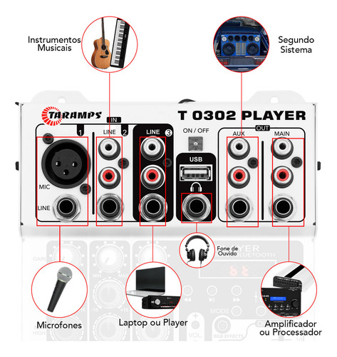 Mesa De Som 3 Canais Player Multicolor T0302 Mixer Taramps T