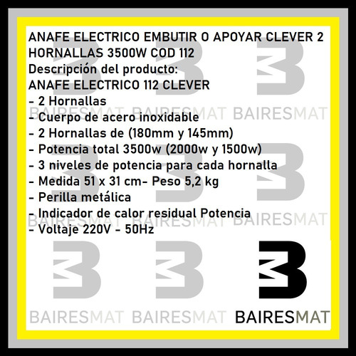 Imagen 3 de 6 de Anafe Electrico Clever 2 Hornallas 3500w Cocina Acero Inox