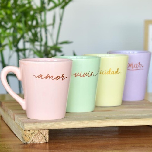 Taza Cónica Cerámica Con Manija Colores Pasteles Frase