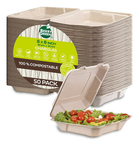 Berry Green 50 contenedores compostables grandes para alimentos material de alta calidad resistente a los líquidos ecológico hecho de fibras de caña de azúcar 20.5 x 25.5 x 4 cm 8 pulgadas