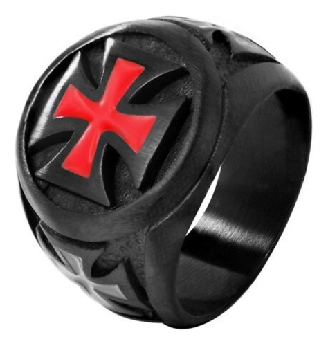 Anillo Negro Cruz Templaria Rojo Acero Inoxidable