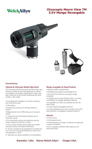Imagen 7 de 12 de Otoscopio Macroviewtm 3.5v Mango Recargable Welch Allyn