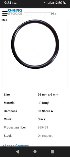 Sello O Oring Redondo 96mm De Diámetro Exter X 6 Mm Espesor