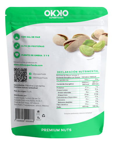 Pistache Tostado Premier Botana 100g Con Sal Okko Snack