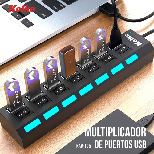 Imagen 4 de 9 de Hub Usb 7 Puertos Kolke Kav-105 Switch Individual 2.0