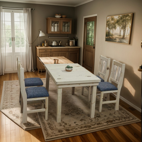 Mesa Comedor Madera Pino 1,20 X 80 + 4 Sillas Tapizadas. Sin Color