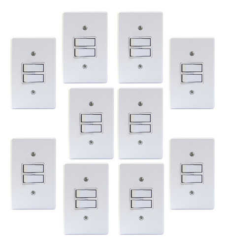 Kit C/10 Interruptor Duplo 2 Tecla C/ Placa Apagador Simples Cor Branco