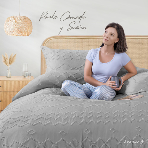Juego de Funda Para Edredon Duvet con Textura Dreamlab, Tamaño Queen, Color Gris