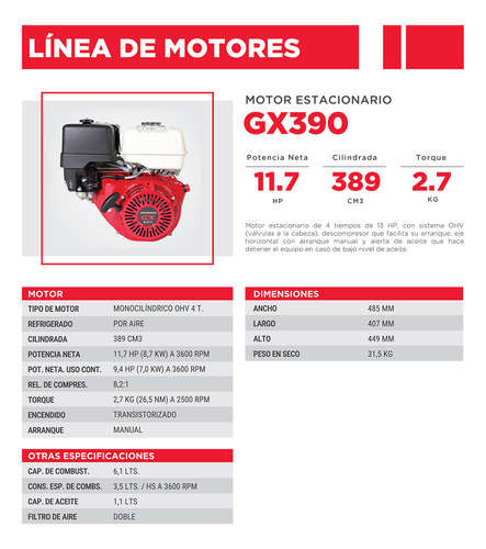 Motor Estacionario Honda Gx390h2-qx Eje Recto Motodata