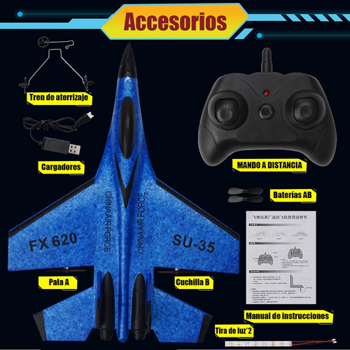 Avión bimotor de control remoto Su-35 Fx620 con 2 baterías, color azul