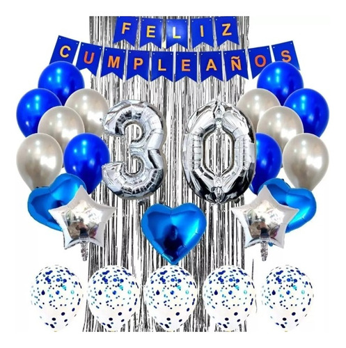 Kit Decoración Feliz Cumpleaños Bombas Azul+cortina+numeros