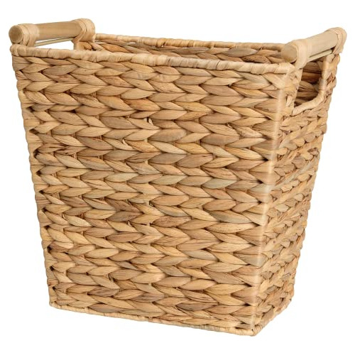 Wicker Waste Basket With Wooden Handles, Rectangular Ha...