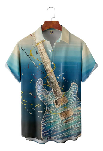 Camisa Hawaiana Unisex Azul For Guitarra Musical, Camisa De